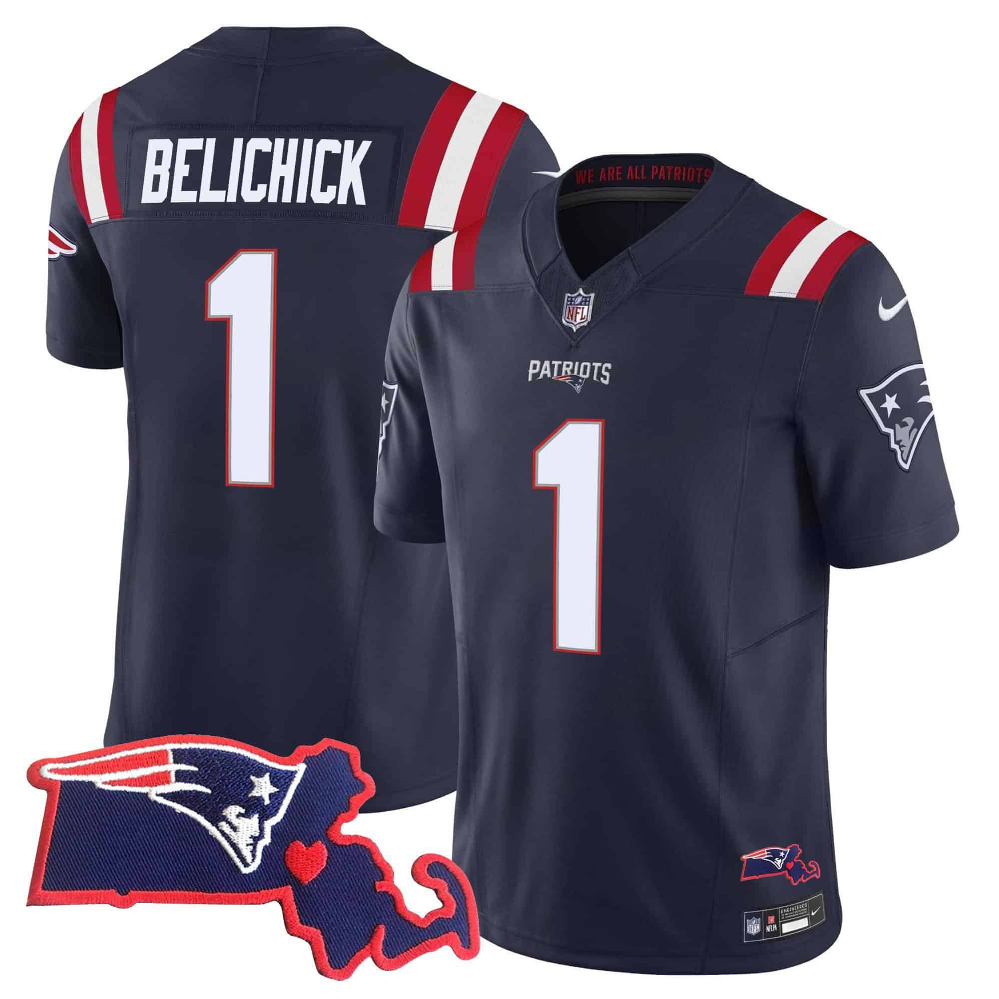 Men New England Patriots #1 Belichick Dark blue 2024 Nike Patch Vapor Limited NFL Jersey style 1